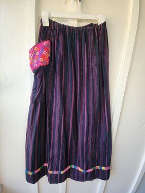 Vintage Craftwear Navy and Pink Striped Maxi Skirt with Colorful